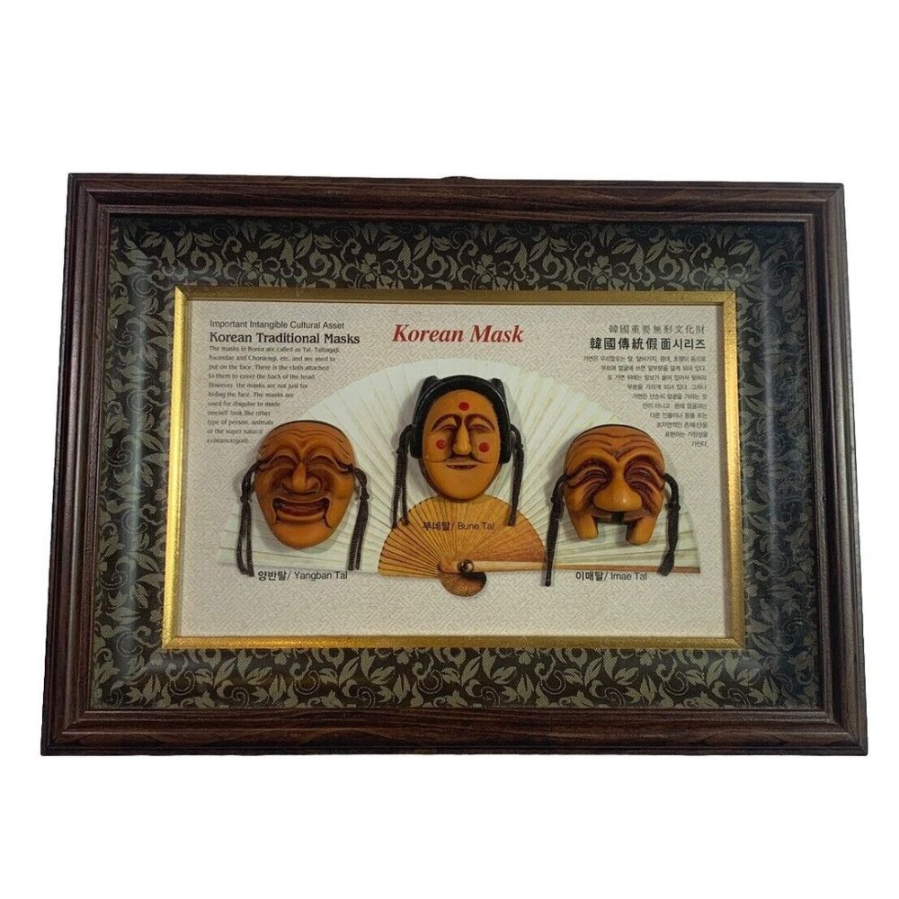Vtg Korean Traditional/Folk Art Masks Framed Shadowbox Wall Hanging-Handmade Dec